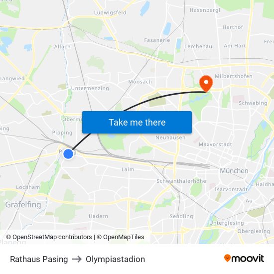 Rathaus Pasing to Olympiastadion map