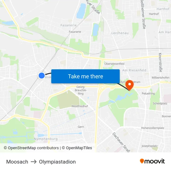 Moosach to Olympiastadion map