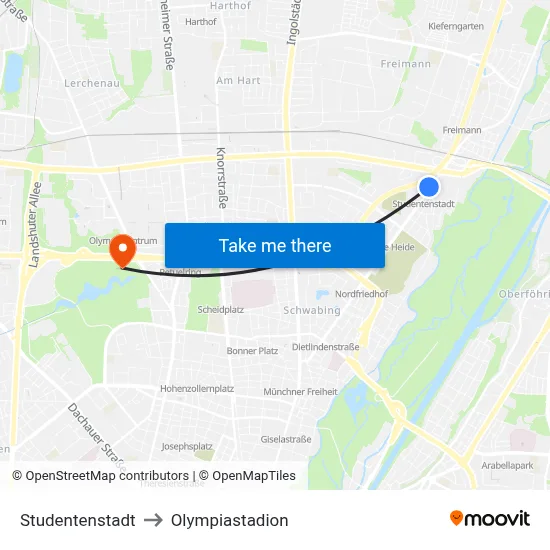 Studentenstadt to Olympiastadion map