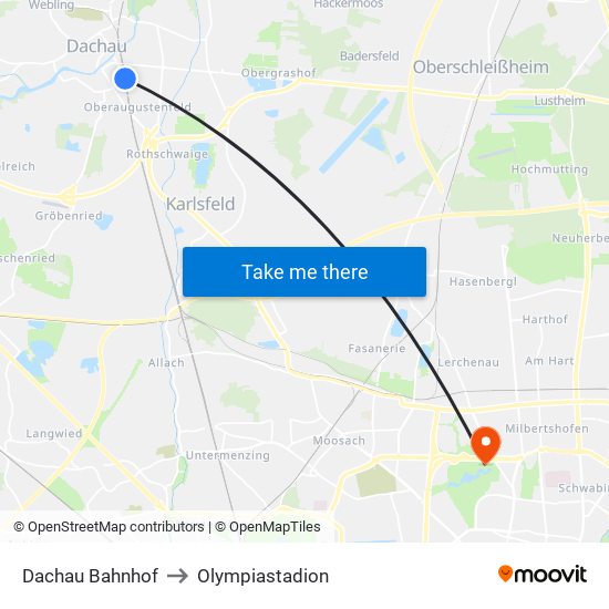 Dachau Bahnhof to Olympiastadion map
