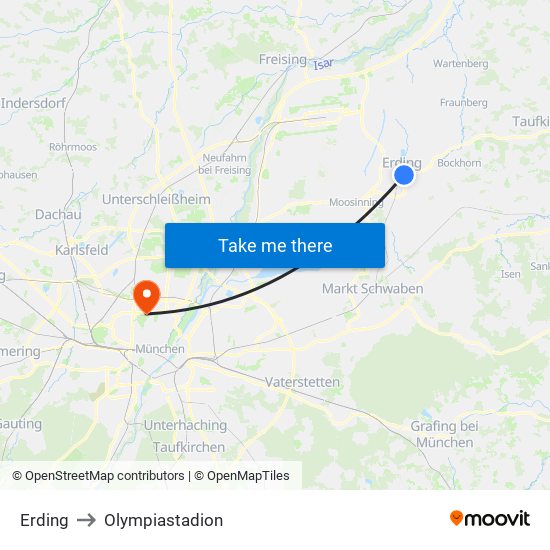 Erding to Olympiastadion map