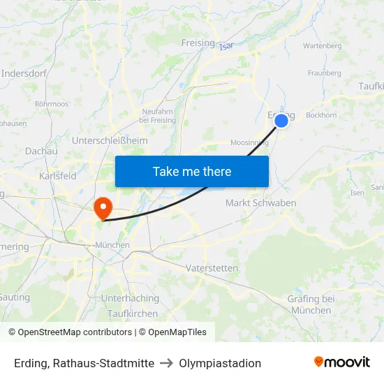 Erding, Rathaus-Stadtmitte to Olympiastadion map