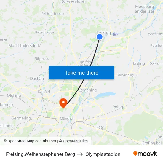 Freising,Weihenstephaner Berg to Olympiastadion map