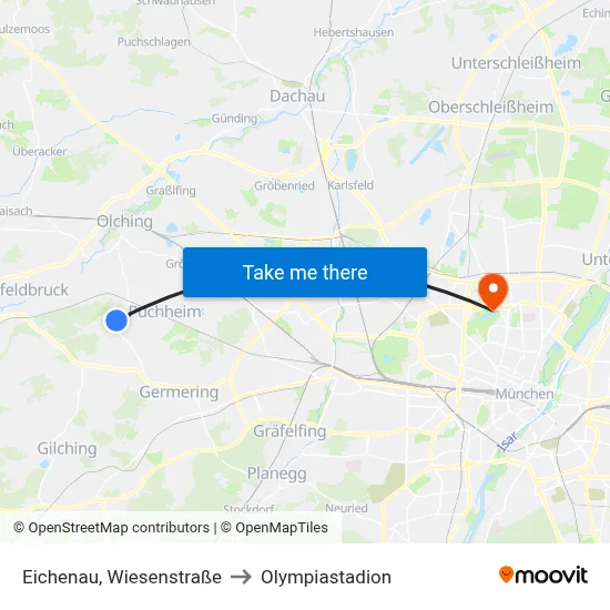 Eichenau, Wiesenstraße to Olympiastadion map