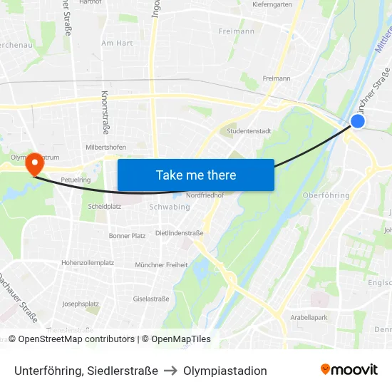 Unterföhring, Siedlerstraße to Olympiastadion map