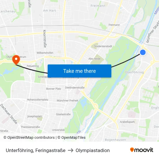 Unterföhring, Feringastraße to Olympiastadion map
