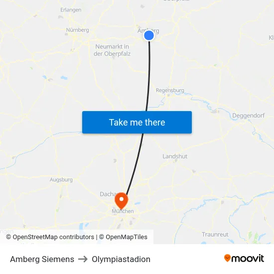 Amberg Siemens to Olympiastadion map