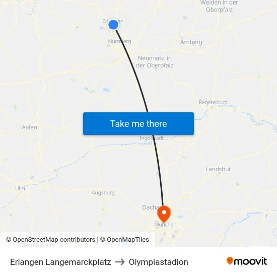 Erlangen Langemarckplatz to Olympiastadion map
