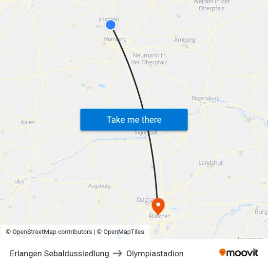 Erlangen Sebaldussiedlung to Olympiastadion map