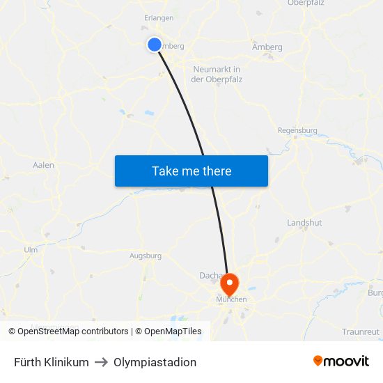 Fürth Klinikum to Olympiastadion map