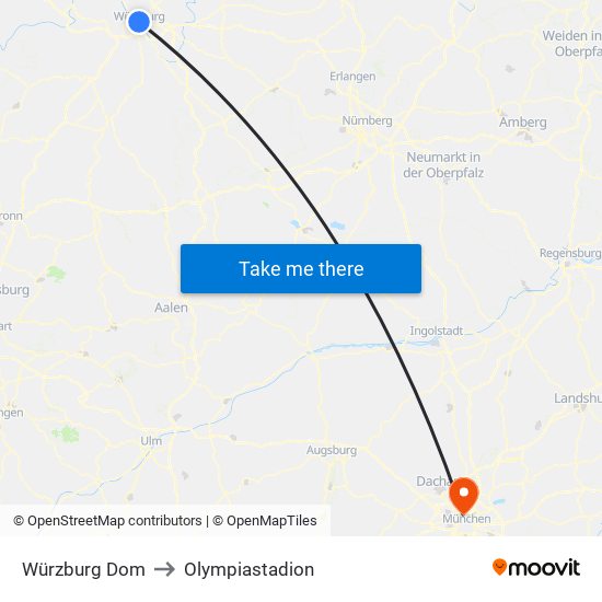 Würzburg Dom to Olympiastadion map