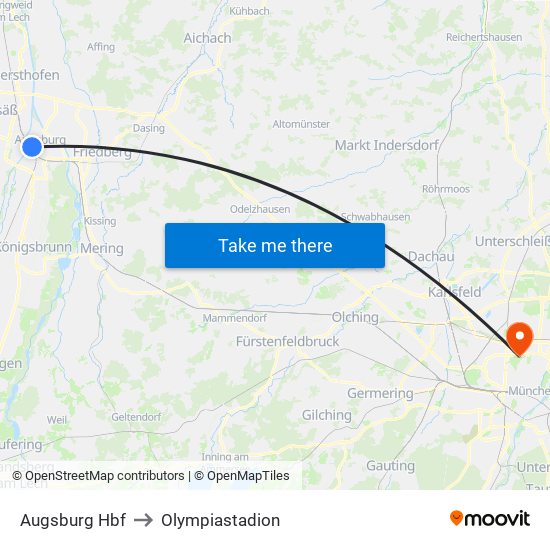 Augsburg Hbf to Olympiastadion map