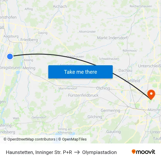 Haunstetten, Inninger Str. P+R to Olympiastadion map