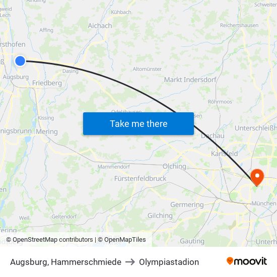 Augsburg, Hammerschmiede to Olympiastadion map