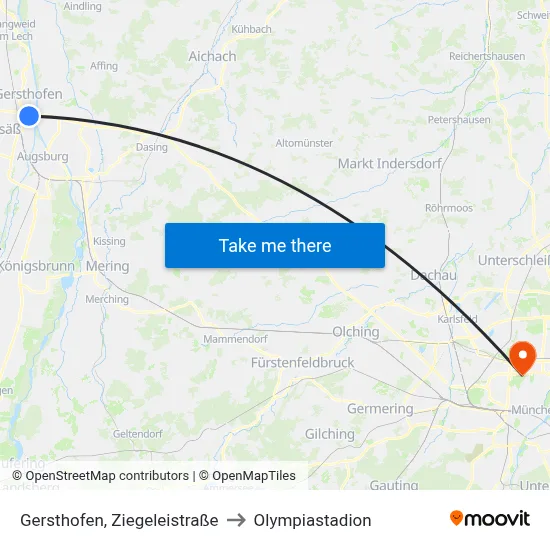 Gersthofen, Ziegeleistraße to Olympiastadion map