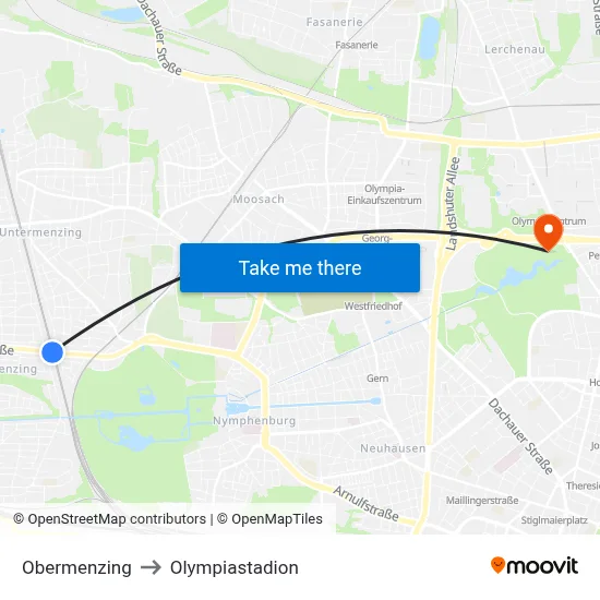 Obermenzing to Olympiastadion map