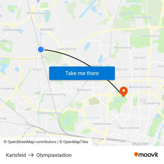 Karlsfeld to Olympiastadion map