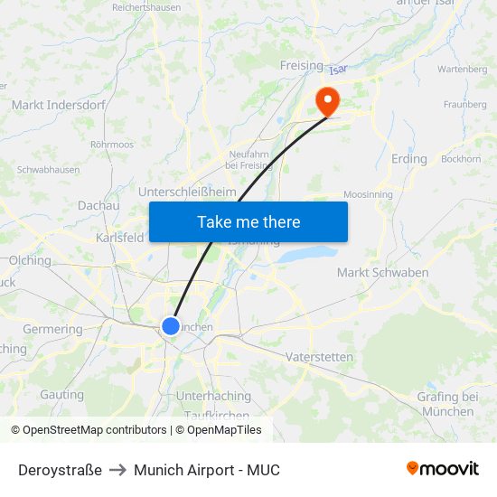 Deroystraße to Munich Airport - MUC map