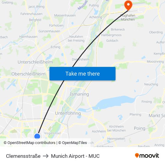 Clemensstraße to Munich Airport - MUC map