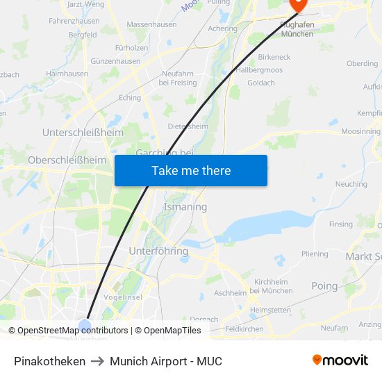 Pinakotheken to Munich Airport - MUC map