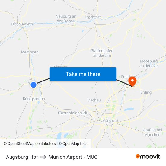 Augsburg Hbf to Munich Airport - MUC map