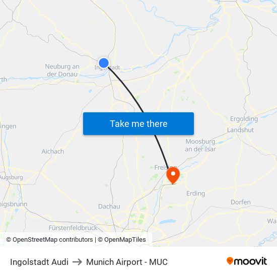 Ingolstadt Audi to Munich Airport - MUC map