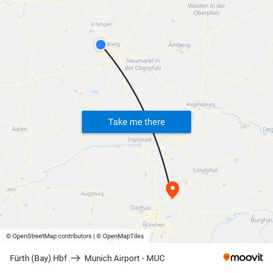 Fürth (Bay) Hbf to Munich Airport - MUC map