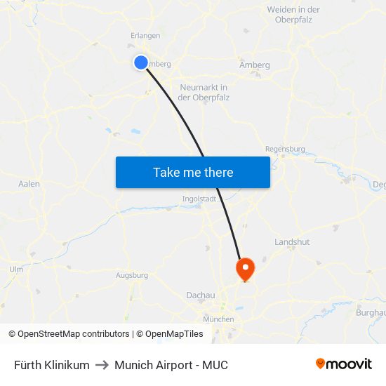 Fürth Klinikum to Munich Airport - MUC map