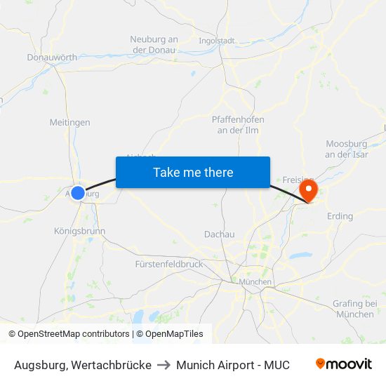 Augsburg, Wertachbrücke to Munich Airport - MUC map