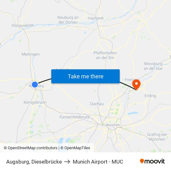 Augsburg, Dieselbrücke to Munich Airport - MUC map