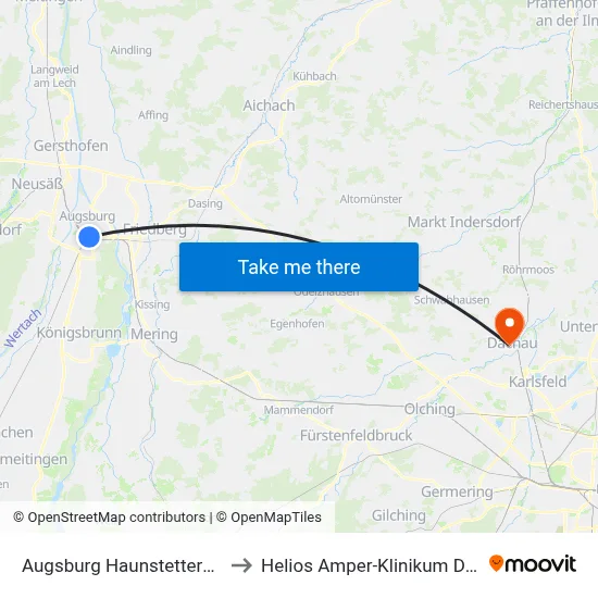 Augsburg Haunstetterstraße to Helios Amper-Klinikum Dachau map