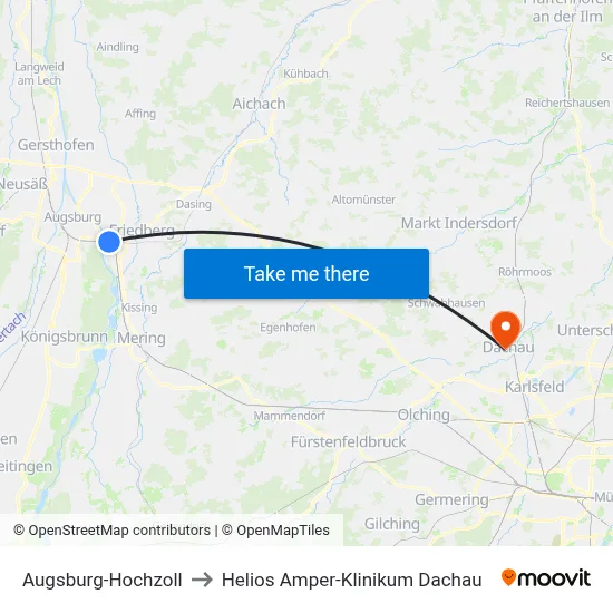 Augsburg-Hochzoll to Helios Amper-Klinikum Dachau map