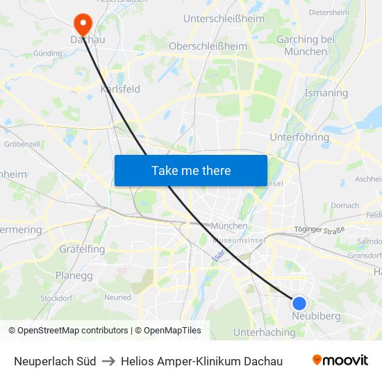 Neuperlach Süd to Helios Amper-Klinikum Dachau map