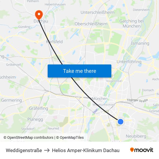 Weddigenstraße to Helios Amper-Klinikum Dachau map