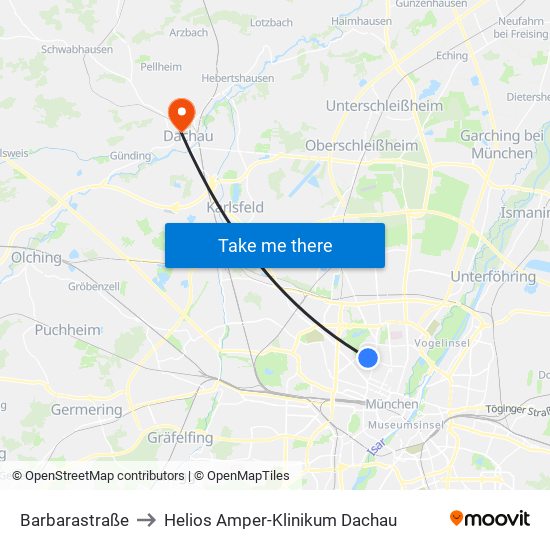 Barbarastraße to Helios Amper-Klinikum Dachau map