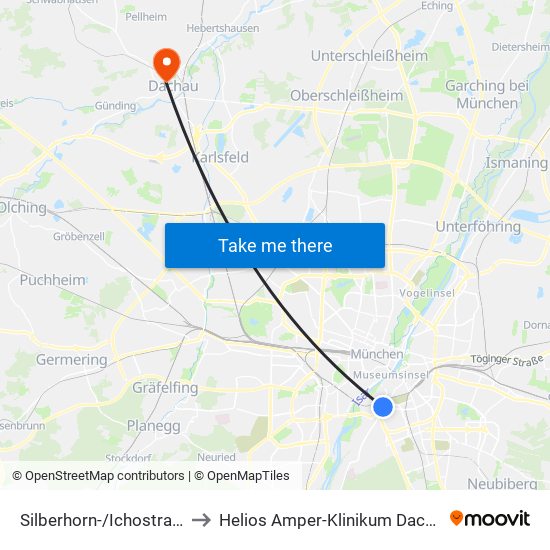 Silberhorn-/Ichostraße to Helios Amper-Klinikum Dachau map