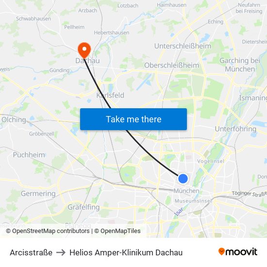 Arcisstraße to Helios Amper-Klinikum Dachau map