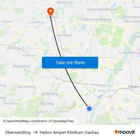 Obersendling to Helios Amper-Klinikum Dachau map