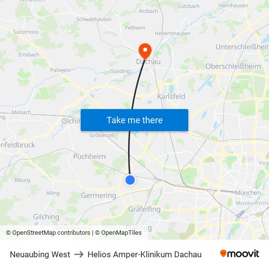 Neuaubing West to Helios Amper-Klinikum Dachau map