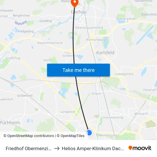 Friedhof Obermenzing to Helios Amper-Klinikum Dachau map