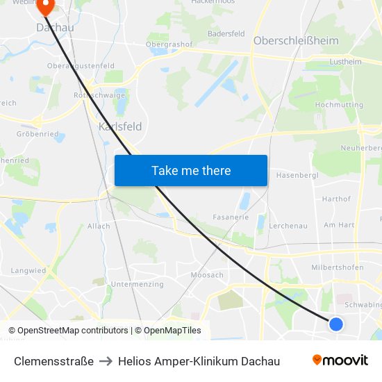 Clemensstraße to Helios Amper-Klinikum Dachau map