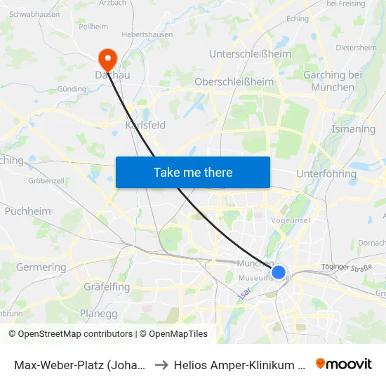 Max-Weber-Platz (Johannispl.) to Helios Amper-Klinikum Dachau map