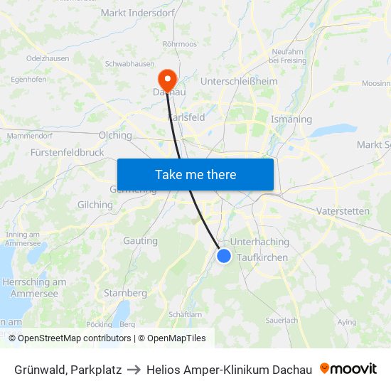 Grünwald, Parkplatz to Helios Amper-Klinikum Dachau map