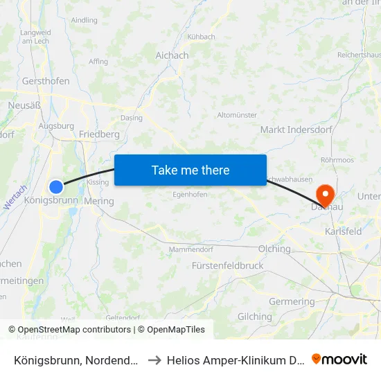 Königsbrunn, Nordendstraße to Helios Amper-Klinikum Dachau map