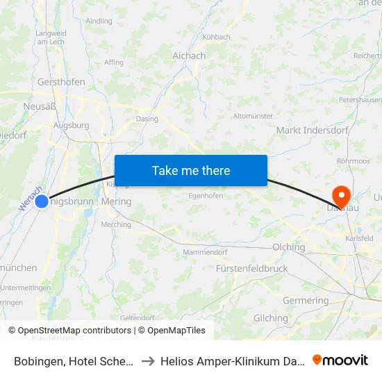 Bobingen, Hotel Schempp to Helios Amper-Klinikum Dachau map