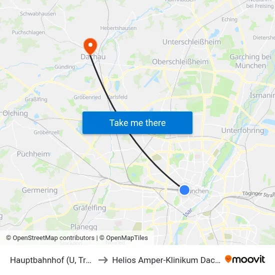 Hauptbahnhof (U, Tram) to Helios Amper-Klinikum Dachau map