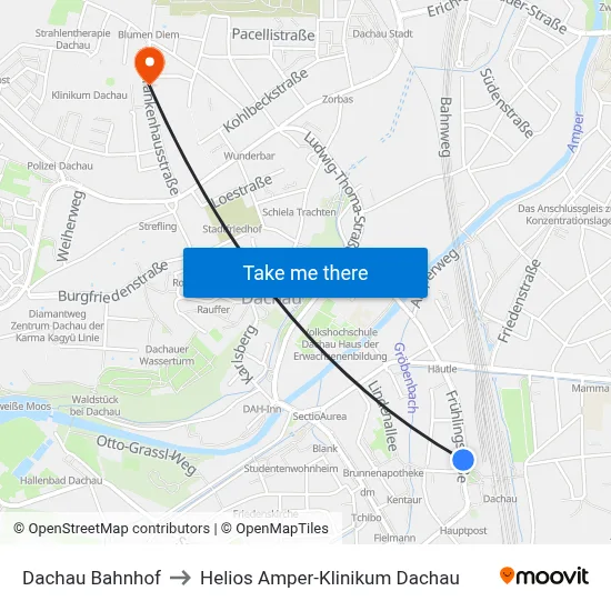 Dachau Bahnhof to Helios Amper-Klinikum Dachau map