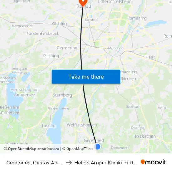 Geretsried, Gustav-Adolf-Str to Helios Amper-Klinikum Dachau map