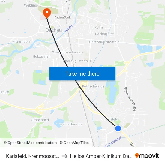 Karlsfeld, Krenmoosstraße to Helios Amper-Klinikum Dachau map