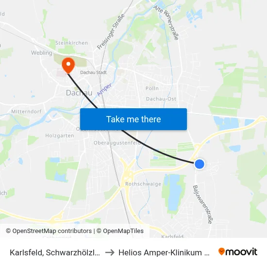 Karlsfeld, Schwarzhölzlstraße to Helios Amper-Klinikum Dachau map